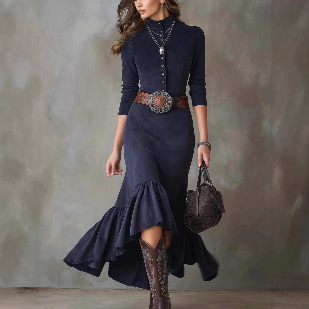 ZARA Vintage Chic Suede High Neck Slim Fit Asymmetric Hem Dress with Belt